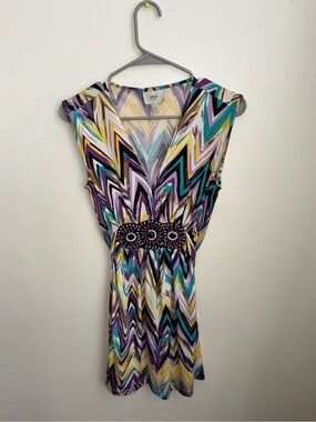 ECI Chevron Print Mini Dress in Purple, Teal, Yellow and Black